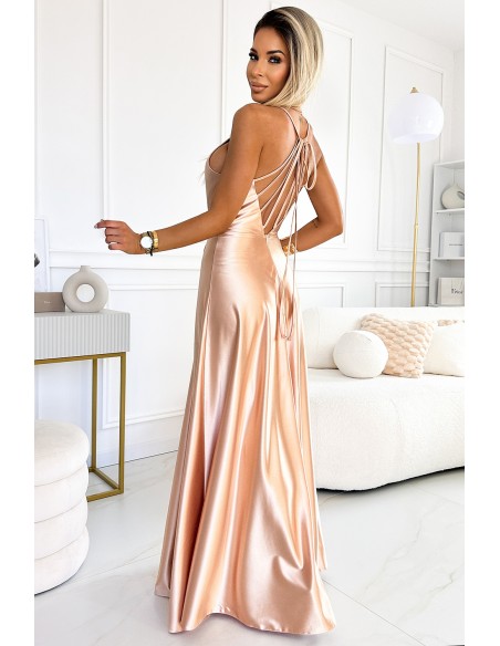  547-1 PERLA satin long dress with an exclusive neckline on the back - gold 