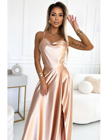  547-1 PERLA satin long dress with an exclusive neckline on the back - gold 