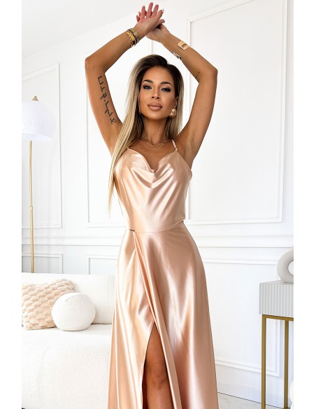  547-1 PERLA satin long dress with an exclusive neckline on the back - gold 