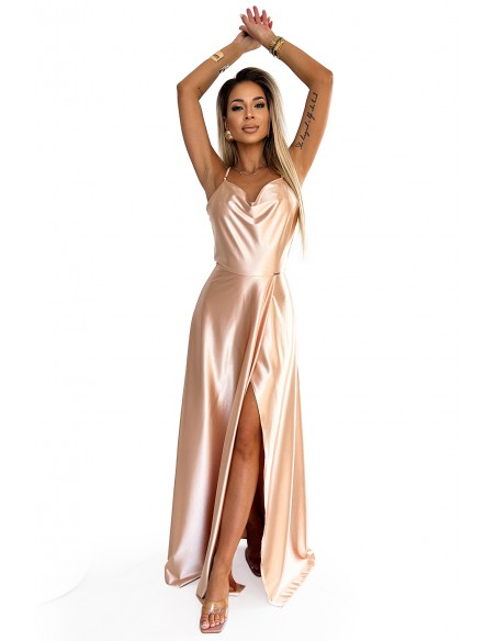  547-1 PERLA satin long dress with an exclusive neckline on the back - gold 