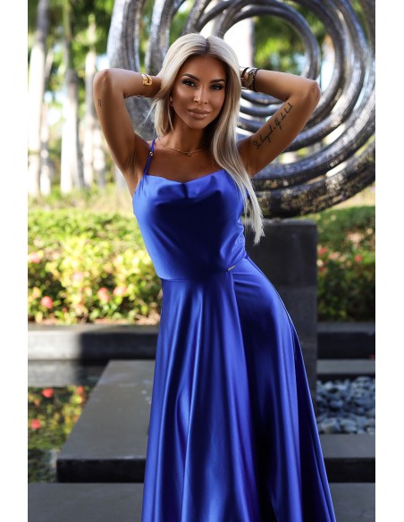  547-2 PERLA satin long dress with an exclusive neckline on the back - blue 