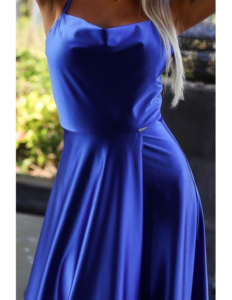  547-2 PERLA satin long dress with an exclusive neckline on the back - blue 