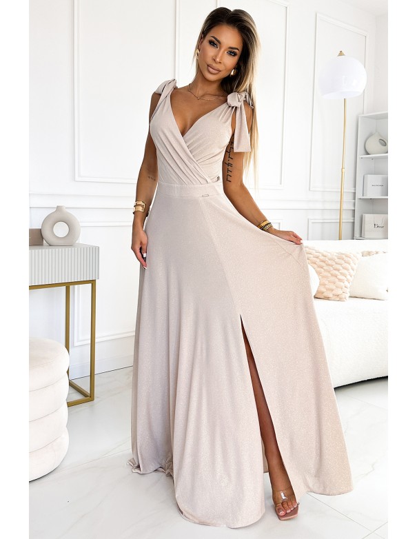  405-6 ELENA Long dress with a neckline and ties on the shoulders - beige with glitter 