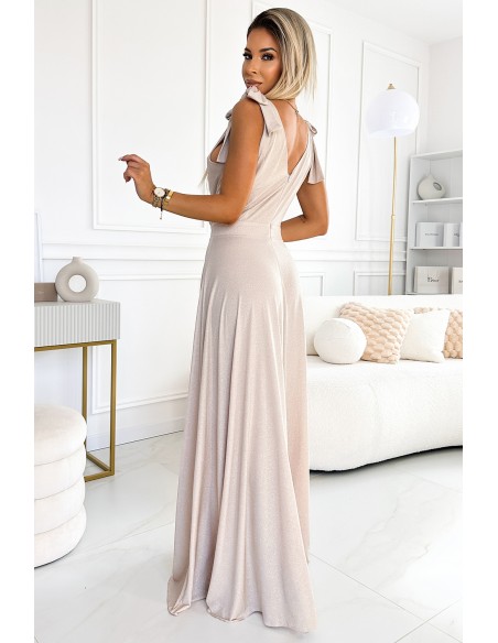  405-6 ELENA Long dress with a neckline and ties on the shoulders - beige with glitter 