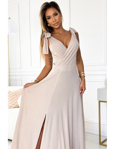  405-6 ELENA Long dress with a neckline and ties on the shoulders - beige with glitter 