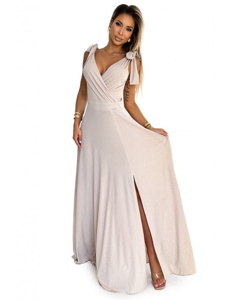  405-6 ELENA Long dress with a neckline and ties on the shoulders - beige with glitter 