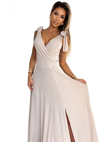  405-6 ELENA Long dress with a neckline and ties on the shoulders - beige with glitter 