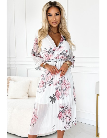  448-2 YUNA Pleated midi dress with a neckline and belt - roses on a white background 