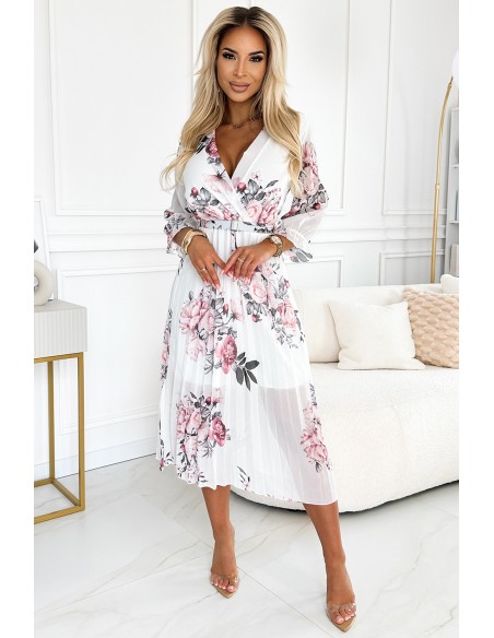  448-2 YUNA Pleated midi dress with a neckline and belt - roses on a white background 