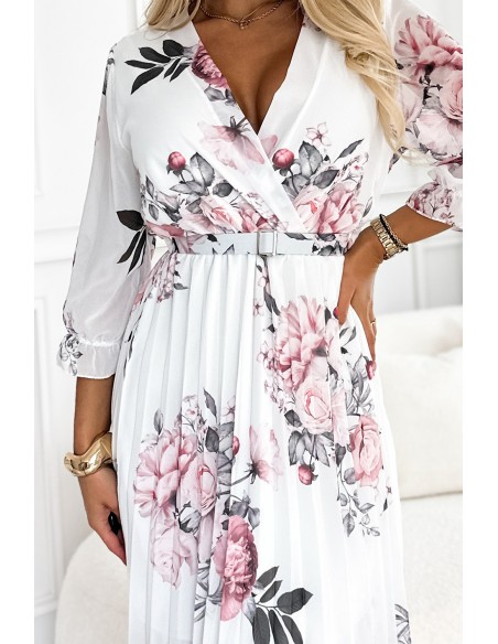  448-2 YUNA Pleated midi dress with a neckline and belt - roses on a white background 