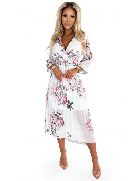  448-2 YUNA Pleated midi dress with a neckline and belt - roses on a white background 