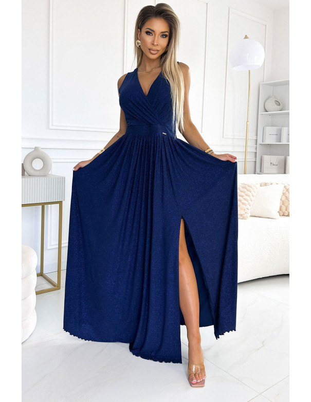  362-9 JUSTINE Long dress with a neckline and a tie at the back - navy blue with glitter 