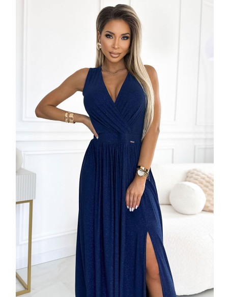  362-9 JUSTINE Long dress with a neckline and a tie at the back - navy blue with glitter 