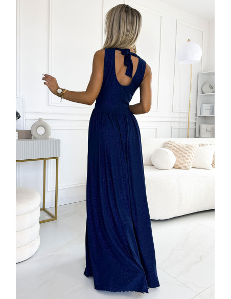  362-9 JUSTINE Long dress with a neckline and a tie at the back - navy blue with glitter 