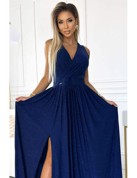  362-9 JUSTINE Long dress with a neckline and a tie at the back - navy blue with glitter 