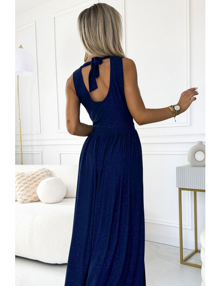  362-9 JUSTINE Long dress with a neckline and a tie at the back - navy blue with glitter 