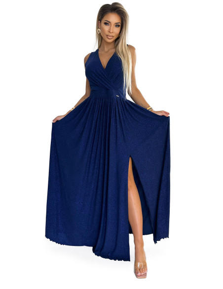  362-9 JUSTINE Long dress with a neckline and a tie at the back - navy blue with glitter 