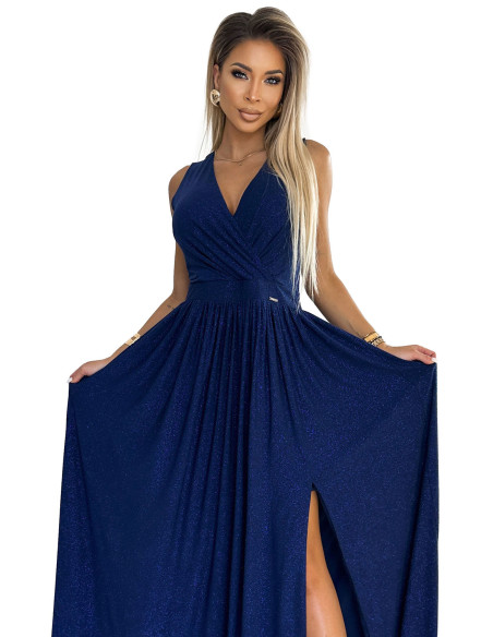  362-9 JUSTINE Long dress with a neckline and a tie at the back - navy blue with glitter 