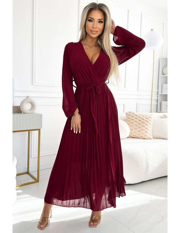  537-1 Pleated chiffon dress with scoop neckline, long sleeves and tied belt - burgundy 