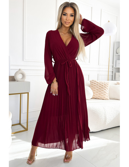  537-1 Pleated chiffon dress with scoop neckline, long sleeves and tied belt - burgundy 