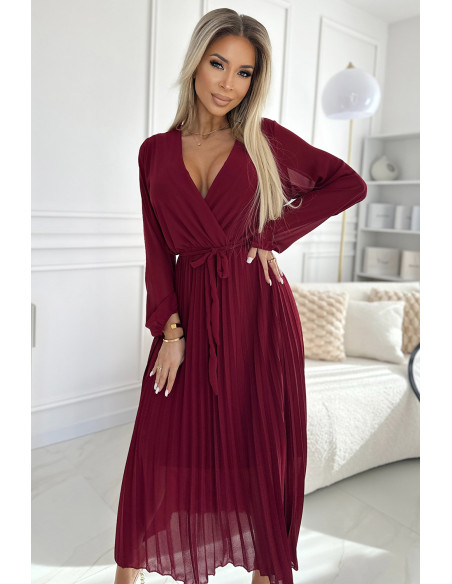  537-1 Pleated chiffon dress with scoop neckline, long sleeves and tied belt - burgundy 