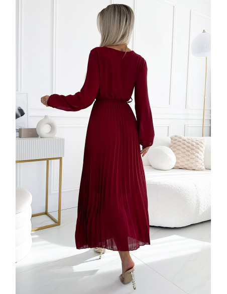  537-1 Pleated chiffon dress with scoop neckline, long sleeves and tied belt - burgundy 