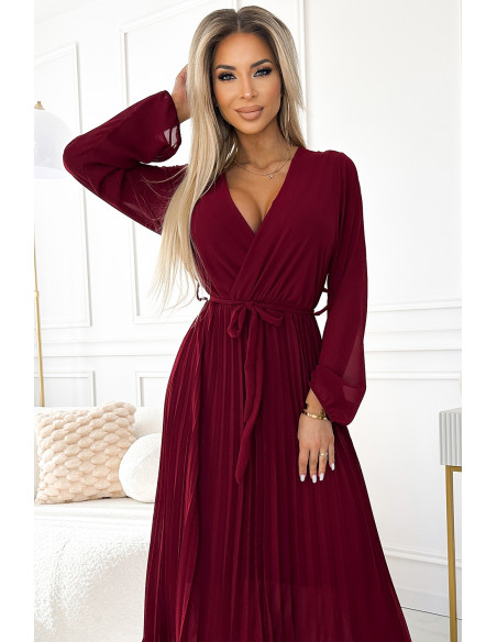  537-1 Pleated chiffon dress with scoop neckline, long sleeves and tied belt - burgundy 