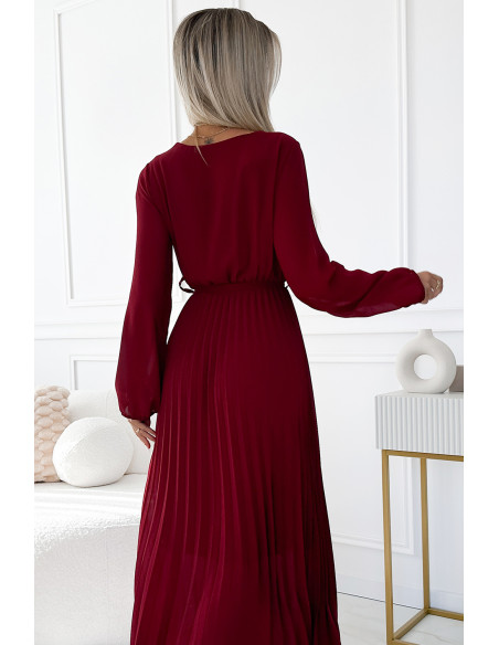  537-1 Pleated chiffon dress with scoop neckline, long sleeves and tied belt - burgundy 