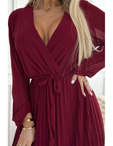  537-1 Pleated chiffon dress with scoop neckline, long sleeves and tied belt - burgundy 