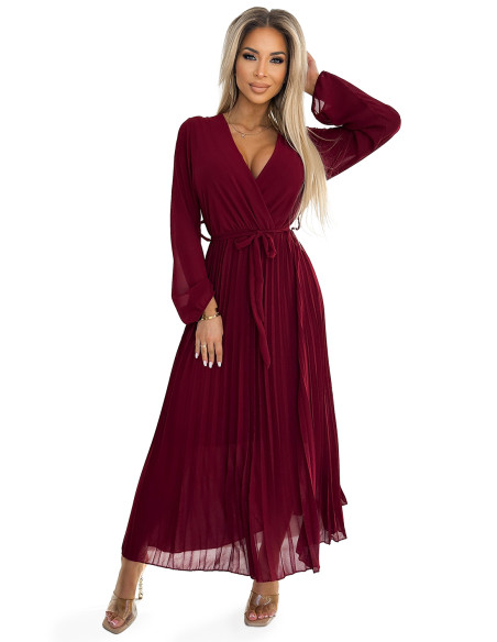  537-1 Pleated chiffon dress with scoop neckline, long sleeves and tied belt - burgundy 