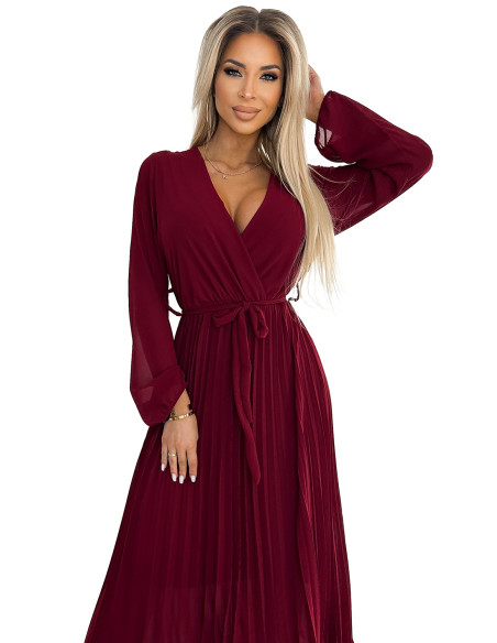  537-1 Pleated chiffon dress with scoop neckline, long sleeves and tied belt - burgundy 