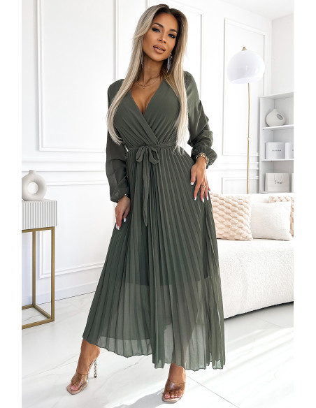  537-2 Pleated chiffon dress with scoop neckline, long sleeves and tied belt - KHAKI 