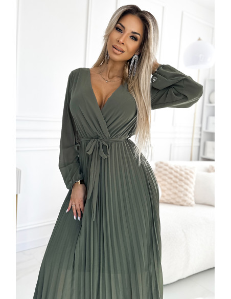  537-2 Pleated chiffon dress with scoop neckline, long sleeves and tied belt - KHAKI 