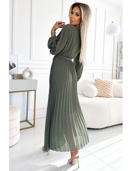  537-2 Pleated chiffon dress with scoop neckline, long sleeves and tied belt - KHAKI 