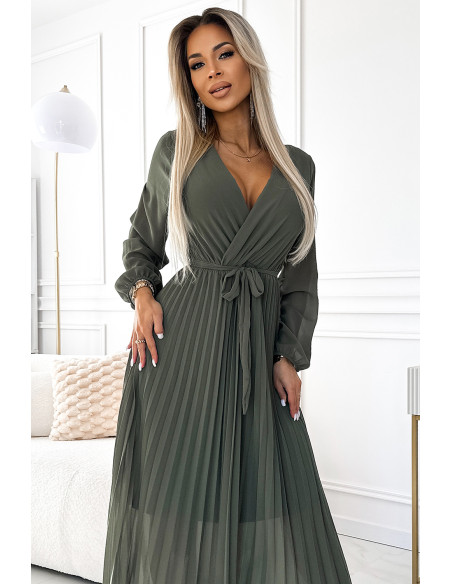  537-2 Pleated chiffon dress with scoop neckline, long sleeves and tied belt - KHAKI 