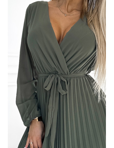  537-2 Pleated chiffon dress with scoop neckline, long sleeves and tied belt - KHAKI 