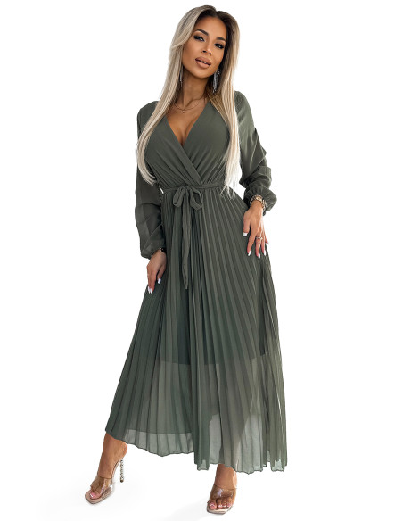  537-2 Pleated chiffon dress with scoop neckline, long sleeves and tied belt - KHAKI 