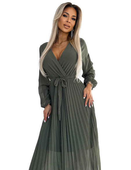  537-2 Pleated chiffon dress with scoop neckline, long sleeves and tied belt - KHAKI 