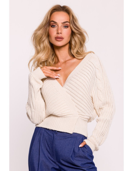 M809 Cropped pullover sweater with V-neck - ivory