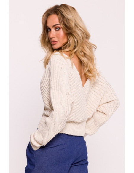 M809 Cropped pullover sweater with V-neck - ivory