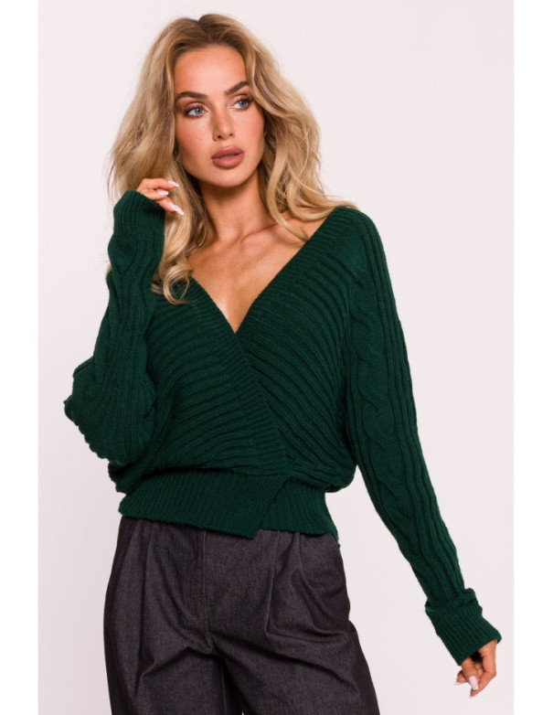 M809 Cropped pullover sweater with V-neck - green