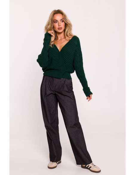 M809 Cropped pullover sweater with V-neck - green