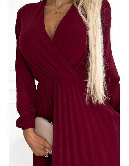  313-15 ISABELLE Pleated dress with neckline and long sleeve - Burgundy color 