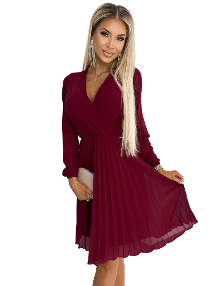  313-15 ISABELLE Pleated dress with neckline and long sleeve - Burgundy color 