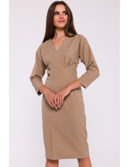 S374 Button waist detail tailored dress - beige