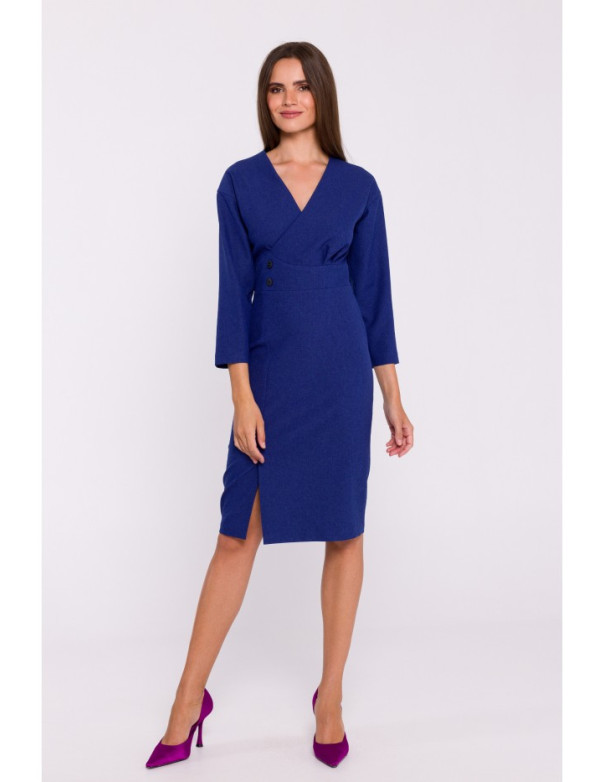 S374 Button waist detail tailored dress - blue