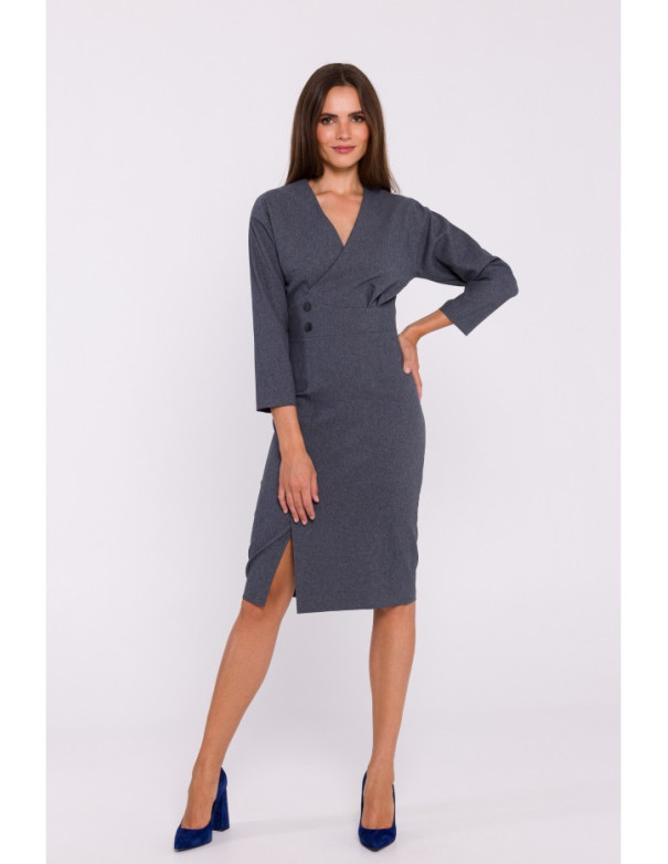 S374 Button waist detail tailored dress - grey