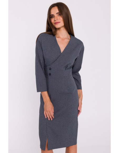 S374 Button waist detail tailored dress - grey