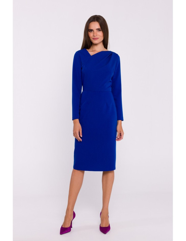 S376 Asymmetrical neckline pencil dress - royal blue