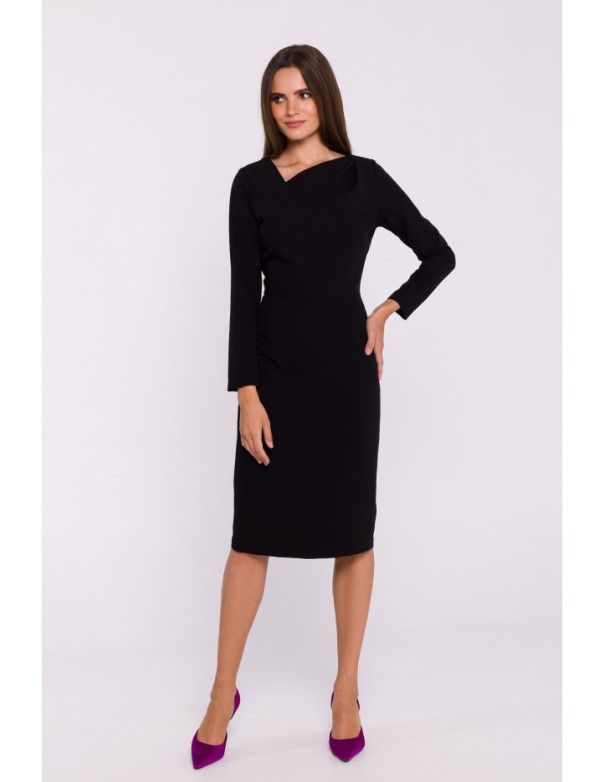 S376 Asymmetrical neckline pencil dress - black